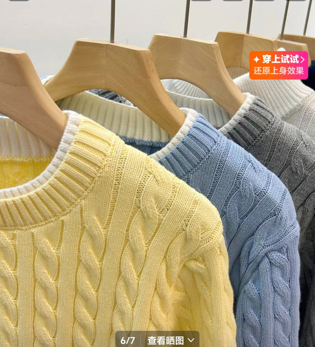 Pull en maille torsadée col rond bicolore – Style tricot épais – Neuf